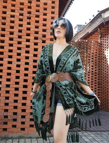 WeHello Women's Burnout Velvet Kimono Long Cardigan Cover Up with Tassel Dark Green in Kuwait