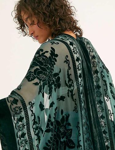 WeHello Women's Burnout Velvet Kimono Long Cardigan Cover Up with Tassel Dark Green in Kuwait