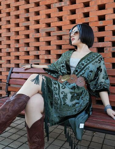 WeHello Women's Burnout Velvet Kimono Long Cardigan Cover Up with Tassel Dark Green in Kuwait