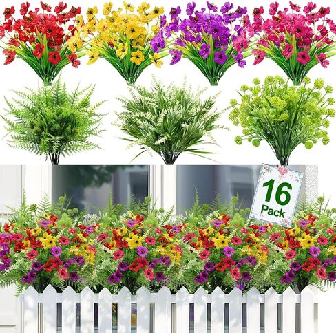 TURNMEON 16 Bundles 7 Styles Artificial Flowers for Outdoors Summer Decor, Fake Flowers Outdoor Faux Plants UV Resistant Colorful Daisy Boston Fern Lavender Cemetery Flowers for Grave Outside Home in Saudi Arabia