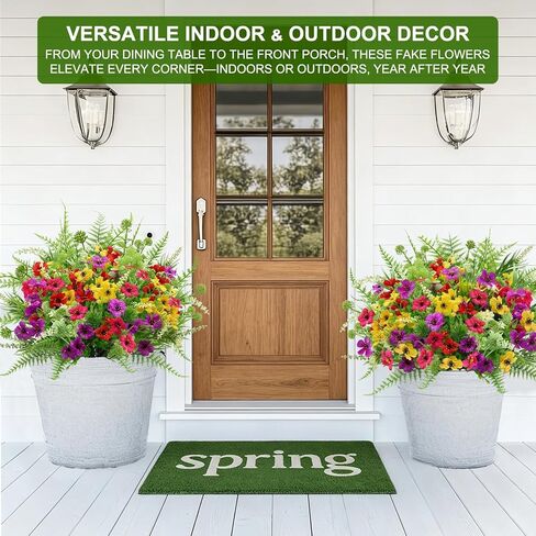 TURNMEON 16 Bundles 7 Styles Artificial Flowers for Outdoors Summer Decor, Fake Flowers Outdoor Faux Plants UV Resistant Colorful Daisy Boston Fern Lavender Cemetery Flowers for Grave Outside Home in Saudi Arabia