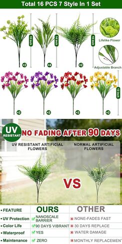 TURNMEON 16 Bundles 7 Styles Artificial Flowers for Outdoors Summer Decor, Fake Flowers Outdoor Faux Plants UV Resistant Colorful Daisy Boston Fern Lavender Cemetery Flowers for Grave Outside Home in Saudi Arabia