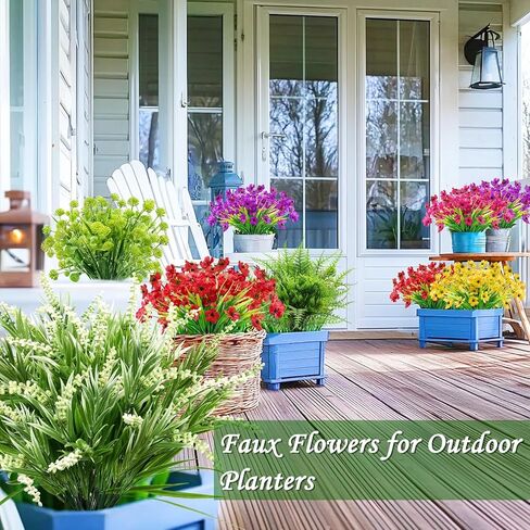 TURNMEON 16 Bundles 7 Styles Artificial Flowers for Outdoors Summer Decor, Fake Flowers Outdoor Faux Plants UV Resistant Colorful Daisy Boston Fern Lavender Cemetery Flowers for Grave Outside Home in Saudi Arabia