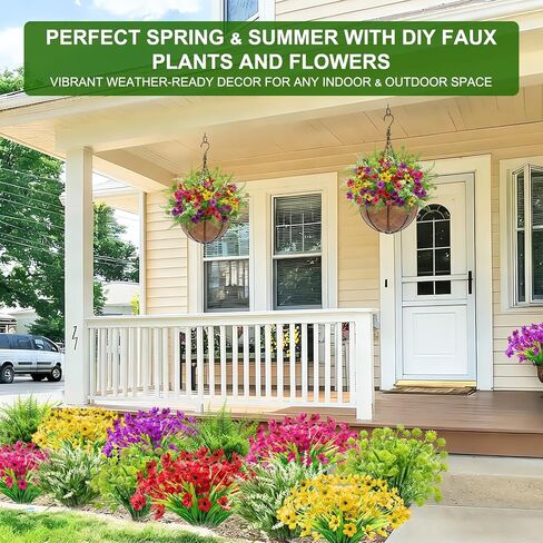 TURNMEON 16 Bundles 7 Styles Artificial Flowers for Outdoors Summer Decor, Fake Flowers Outdoor Faux Plants UV Resistant Colorful Daisy Boston Fern Lavender Cemetery Flowers for Grave Outside Home in Saudi Arabia