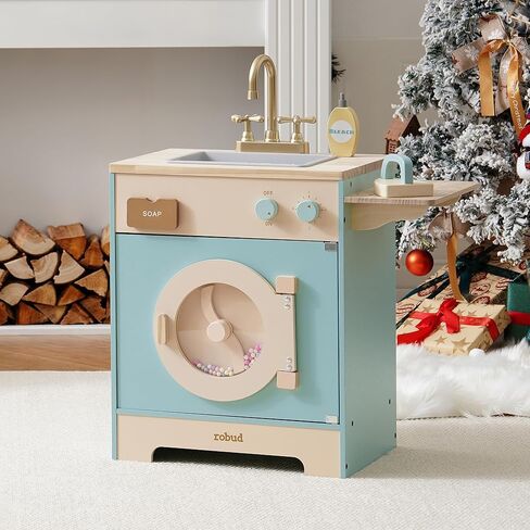 ROBUD Wooden Laundry Playset, Washer and Dryer Set for Kids, Realistic Pretend Play Washing Machine with Basket, Iron, Soap, Bleach, Laundry Detergent, Gift for Boys & Girls, Ages 3+ in Kuwait