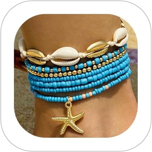 Shell Anklets Bracelet for Women Waterproof Surfer Starfish Bracelet Puka Shell Anklet Colorful Boho Stack Stretch Bead Bracelet Set Hawaii Summer Beach Vacation Foot Jewelry in Kuwait