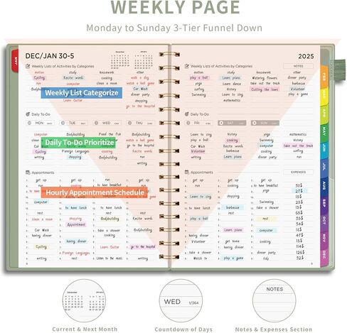 Emshoi 2025 Planner كل ساعة يوميًا وشهريًا ، A4 (8.5x11) ، منظم تقويم موعد من 3 مستويات للنساء ، مع علامات تبويب شهرية ، صفحات الملاحظات ، الأسود in Kuwait