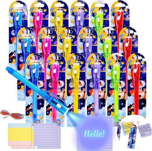 Invisible Ink Pens Gifts Cards. 24 Pack Spy Pen invisible pens with uv light for kids, Magic Pen for Secret Message, Birthday Party,Christmas, and Halloween Goodies Bags Toy(24PCS+Gifts Cards) in Kuwait