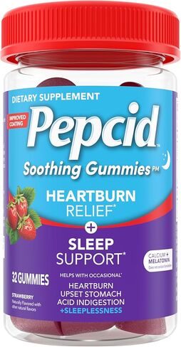 Pepcid Soothing Gummies, Heartburn Relief + Stress Relief Gummies Help with Occasional Heartburn, Upset Stomach, Acid Indigestion, & Stress, Tricalcium Phosphate, Peach-Raspberry, 32 ct in Kuwait