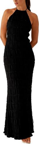 Flowy Boho Beach Dress for Women Halter Backless Smocked Vacation Long Dress Sexy Off Shoulder Resort Maxi Sundress in Kuwait