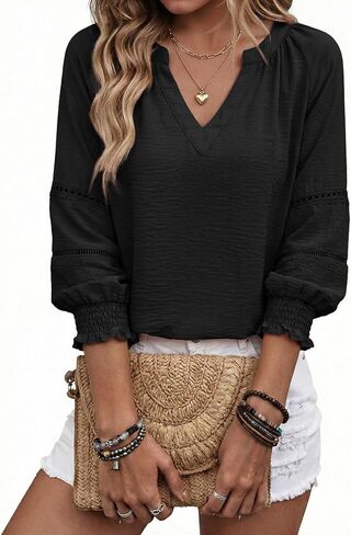 Dokotoo Womens Summer Tops 3/4 Lantern Sleeve Casual V-Neck T-Shirts Pleated Loose Tunic Hollow-Out Blouse in Kuwait