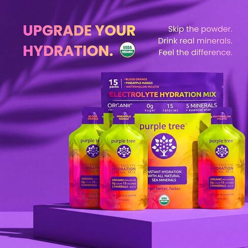 purple tree Organic Electrolyte Hydration Packets, Zero Sugar, Sea Salts, Daily IV Hydrate Packs for Rapid Rehydration Relief - Water Drink Mix, Variety Pack, 15 Units in Kuwait