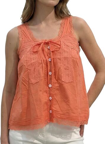 Women Sleeveless Ruffled Lace Tank Top Boho Summer Vacation Top Button Down Front Tie Mesh Lace Cami Shirt in Saudi Arabia