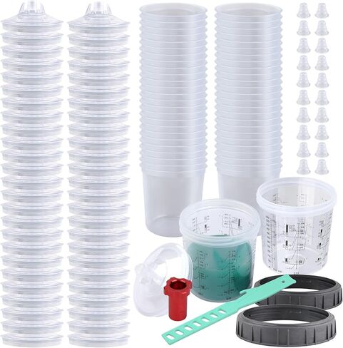 Disposable Paint Spray Gun Cups for Automotive Paint Gun, Paint Mixing Cups 20 Ounce(600ml) Kit - 50 Pack Paint Cups with Lids,1 Hard Cup with Retainer Ring, 20 Plugs with 1 Paint Stirrer in Kuwait
