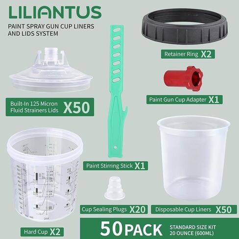 Disposable Paint Spray Gun Cups for Automotive Paint Gun, Paint Mixing Cups 20 Ounce(600ml) Kit - 50 Pack Paint Cups with Lids,1 Hard Cup with Retainer Ring, 20 Plugs with 1 Paint Stirrer in Kuwait