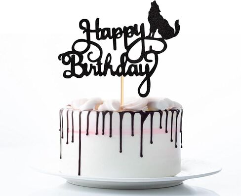 Wolf Happy Birthday Cake Topper Black Glitter Decoration for Animal Birthday Themed Party Wild Animal Party Baby Shower Party Boy and Girl Birthday Gifts for Kids Supplies in Kuwait