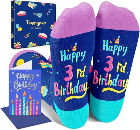 HAPPYPOP 3rd Birthday Gifts Ideas for Girls - Socks for Toddlers 3t, Presents for 3 Year Olds, Three Year Old Gifts for Girls Boys, Birthday Gift Box with Greeting Card in Saudi Arabia