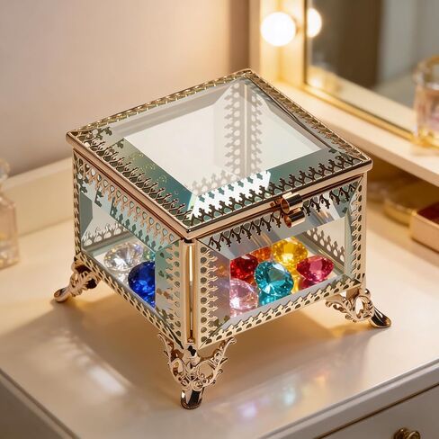 Square vintage glass lace jewelry box, 3.8x3.8x3.5 inches, commemorative box for rings, bracelets, accessories, etc. (Golden) in Saudi Arabia