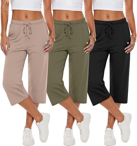 Neer 3 Pack Women's Capri Pants, Cotton Wide Leg Basic Sweatpants Lounge Loose Fit Casual Drawstring Yoga Capris with Pockets(Black, Mocha, Dark Gray,XX-Large) in Kuwait
