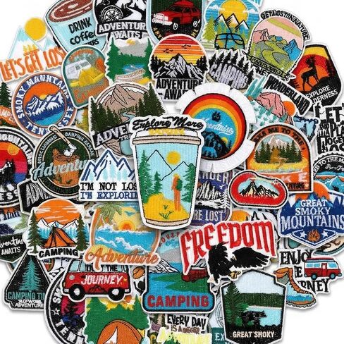 48 Pcs Camping Theme Iron on Patches Adventure Outdoor Mountain River Backpacking Sew on Patches Embroidered Applique for Jeans Jackets Clothes Backpack Cap DIY Crafts Sew Making in Kuwait