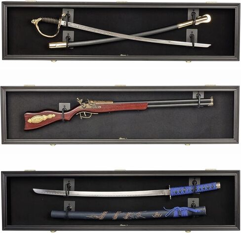 DisplayGifts 44" Long Rifle Shotgun, Saber, Sword or Golf Club Display Case Cabinet Rack Putter Shadow Box w/98% UV - Lockable Door (Black Felt)-Mahogany Finish in Kuwait