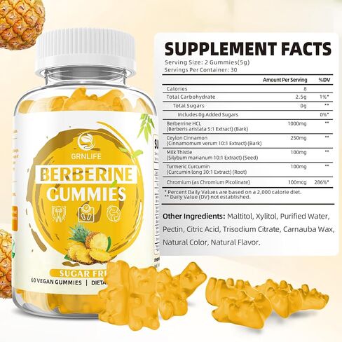 Berberine Gummies with Ceylon Cinnamon 1500mg High Potency Berberine HCL Supplement for Immune and Metabolism Support, Sugar Free Organic Berberine Gummies Strawberry Flavor - 60 Count in Kuwait