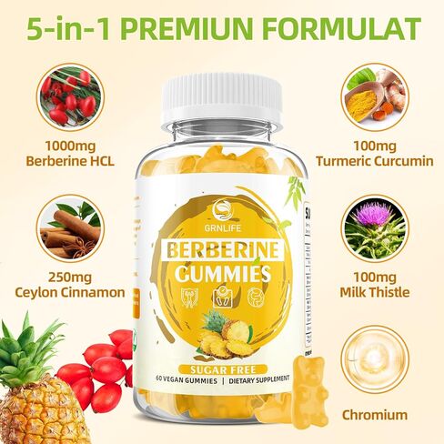 Berberine Gummies with Ceylon Cinnamon 1500mg High Potency Berberine HCL Supplement for Immune and Metabolism Support, Sugar Free Organic Berberine Gummies Strawberry Flavor - 60 Count in Kuwait