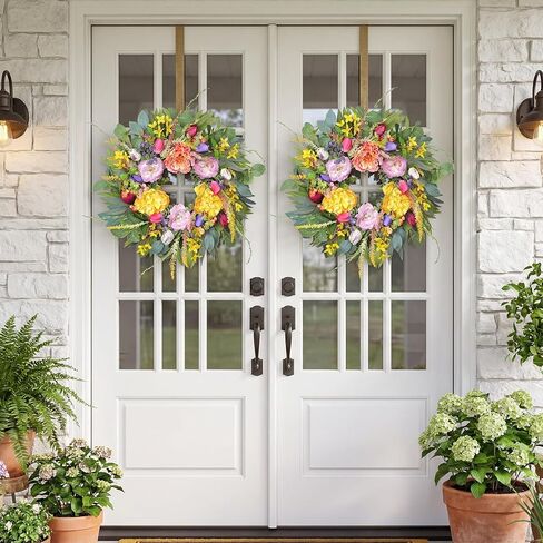 Wreath for Front Door 20 Inch Spring Summer Eucalyptus Wreath, with Handmade Large Berries, Small Berry Clusters, Boxwood Leaves for Farmhouse, Outdoor, Porch, Wall Window Decor All Year Round in Kuwait