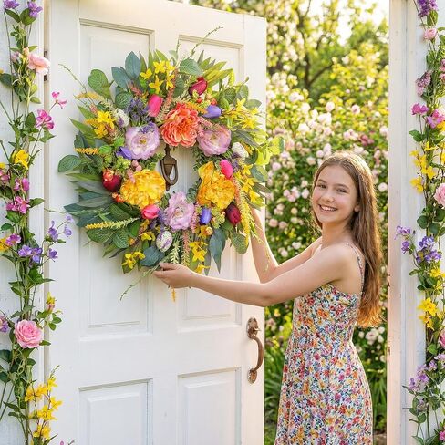 Wreath for Front Door 20 Inch Spring Summer Eucalyptus Wreath, with Handmade Large Berries, Small Berry Clusters, Boxwood Leaves for Farmhouse, Outdoor, Porch, Wall Window Decor All Year Round in Kuwait