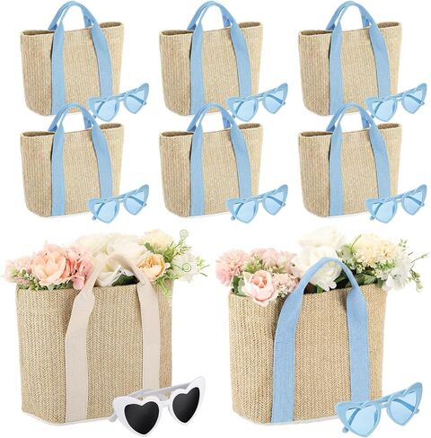 8 Set Wedding Jute Bridesmaid Gift Bag with Heart Shaped Sunglasses Straw Bags for Women Woven Beach Bag with Handles Reusable Bride Tote for Bachelorette Engagement Party in Kuwait