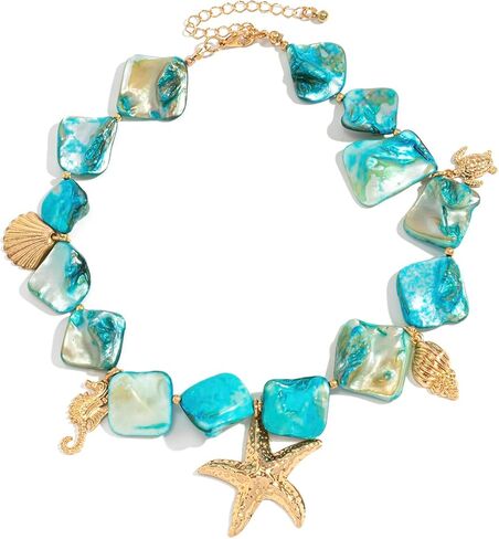 Starfish Shell Necklaces for Women Trendy Summer Boho Seashell Pendant Beach Necklace Gold Charm Choke Necklace Dainty Statement Necklace Fashion Surfer Jewelry Gift in Kuwait
