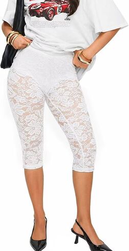 TZLDN Womens Sheer Floral Lace Capri Leggings High Waisted See Through Sexy Mesh Rave Cropped Pants Tights Club Outfits in Saudi Arabia