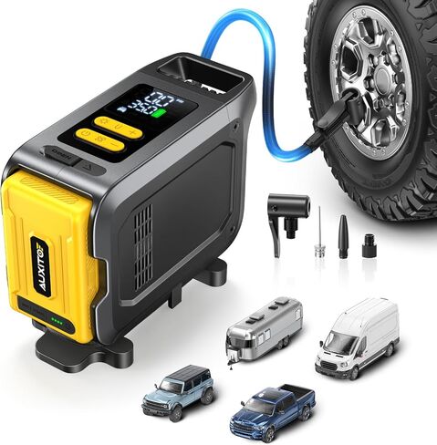 مضخة هواء AUXITO لإطارات السيارات، منفاخ إطارات محمول يعمل بالبطارية، ضاغط هواء للسيارة والدراجة النارية مع ضوء LED لقياس الضغط الرقمي، إعداد مسبق وإيقاف تلقائي in Kuwait
