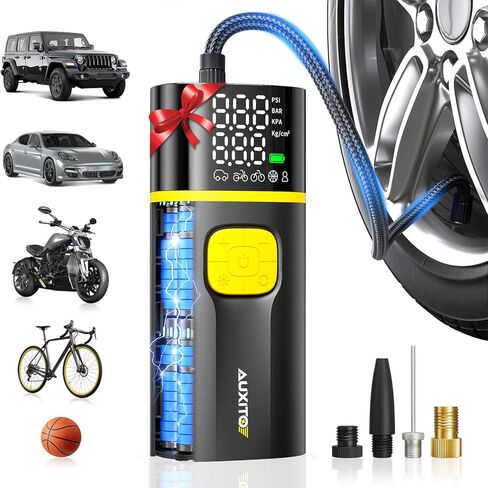AUXITO Air Pump for Car Tires Portable Battery Powered Tire Inflator Air Compressor for Car Mortorcycle Bike Ball with Digital Pressure Gauge LED Light, Preset and Auto Off in Kuwait