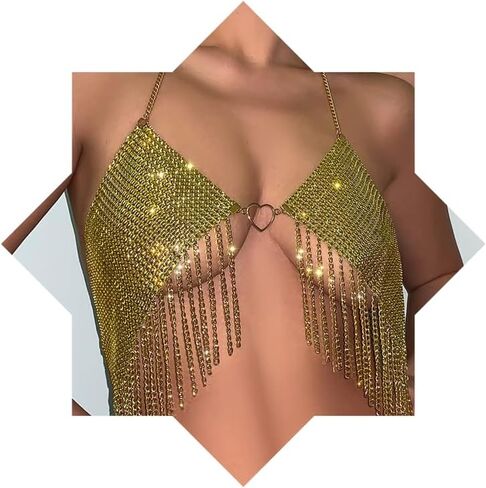 ذهبية كريستال برا برا -سلسلة الفضة الفضية الراين الرسن محصول شاطئ بيكيني سلاسل الصدر المجوهرات الجسم للنساء in Kuwait