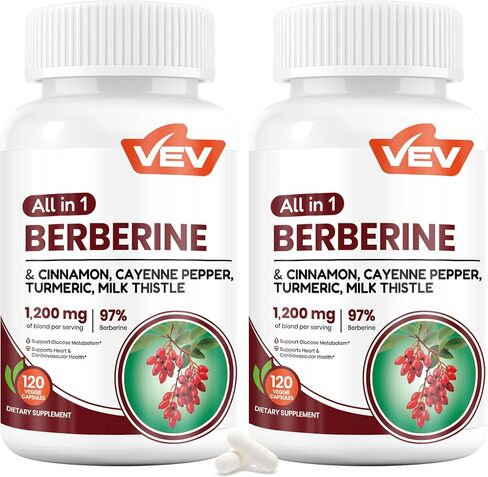 VEV Berberine Supplement with Ceylon Cinnamon, Cayenne Pepper, Turmeric, Milk Thistle, Vegan & Non-GMO – 120 Capsules in Kuwait