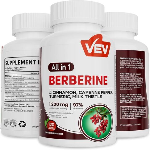 ملحق Vev Berberine مع Ceylon Cinnamon و Cayenne Pepper و Turmeric و Milk Thistle و Vegan وغير المعدلة وراثيًا-120 كبسولة in Kuwait