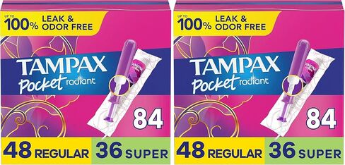 Tampax Pocket Radiant Compact Compons Duo Pack ، امتصاص منتظم/فائق مع قضيب بلاستيكي خالٍ من BPA و Braid ، غير معقود ، 28 حزمة × 3 (إجمالي عدد العدد) in Saudi Arabia