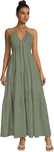 OYOANGLE Women's V Neck Tie Backless Halter Dress Ruched Flowy Vacation Maxi Dresses in Kuwait