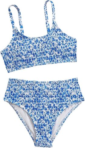 SHENHE Girl's Floral Swimsuits 2 Piece Scoop Neck Bikini Spaghetti Strap Smocked Bathing Suit in Saudi Arabia