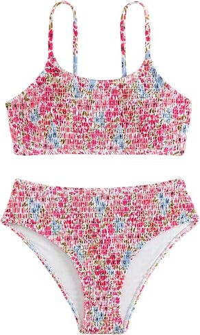 SHENHE Girl's Floral Swimsuits 2 Piece Scoop Neck Bikini Spaghetti Strap Smocked Bathing Suit in Saudi Arabia
