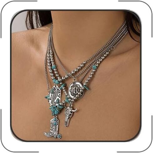 قلادات غربية للنساء فيروز ذير السلسلة ذات الطبقات ذات الطبقات البوهو بوهو رعاة البقر القبعة حذاء القلادة الغربية قلادة الريف حفل راعية البقر الإكسسوارات in Kuwait