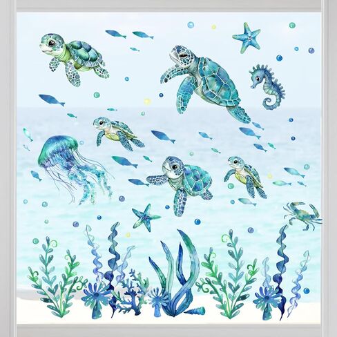 Yovkky Spring Summer Under the Sea Window Clings 4 صفائح ، أوشن الحياة قناديل البحر Sehorse ملصقات الأعشاب البحرية ديكورات ، شاطئية نجم البحر السلطعون ، زخارف المطبخ المنزل in Kuwait