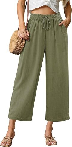 GRAPENT Linen Pants for Women High Waisted Wide Leg Capri Elastic Waist Casual Beach Flowy Cropped Summer Capris Pants in Saudi Arabia