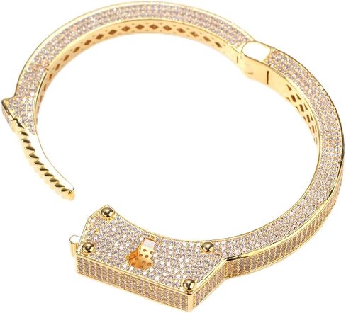 ICEDIAMOND White Gold Plated Hip Hop Iced Out Drama Handcuff Design Bangle, Micro-setting Bright Zirconia Stones with Long Serrated Lock Buckle Bracelet for Men in Kuwait