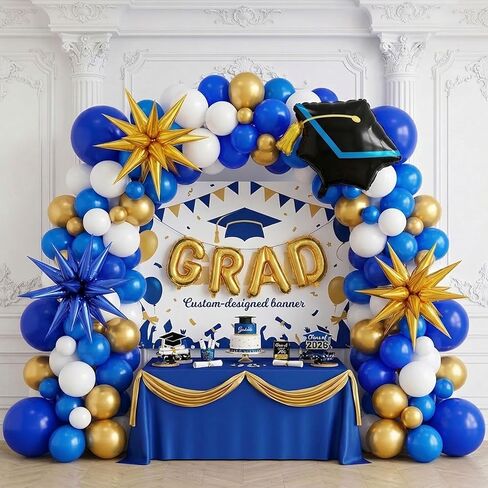 Royal blue and Gold graduations balloon Garland Arch Kit 109Pcs with graduation cap balloons for Class of 2025 Grad decorations Prom Ceremony birthday supplies in Kuwait
