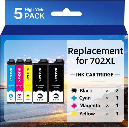 702XL Ink Cartridges Combo Pack Remanufactured for Epson 702 702XL T702XL Ink Cartridges for Epson Printer for Epson Workforce Pro WF-3733 WF-3720 WF-3730 (2 Black,1 Cyan,1 Magenta,1 Yellow) in Kuwait