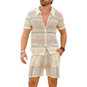 Verdusa Men's Knitted 2 Piece Outfitd Short Sleeve Hollow Out Button Up Shirt and Shorts Set