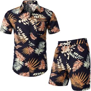 Men's Summer 2 Piece Set Casual Cotton Linen Printed Vacation Outfits with Pockets