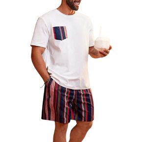 WDIRARA Men's Plus Size 2 Piece Outfits Striped Print Short Sleeve T Shirt and Shorts Set